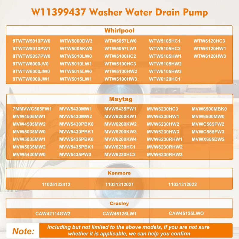 Modoo W11399437 W11259498 Washer Drain Pump (OEM) Compatible with Whirlpool WTW5000DW3 WTW5010LW0 WTW5105HW1 WTW5057LW0, PS12731241 Pump Compatible with Maytag MVW4505MW1 MVW5430MW0 MVWC565FW3 MVW6200KW1 - Image 4